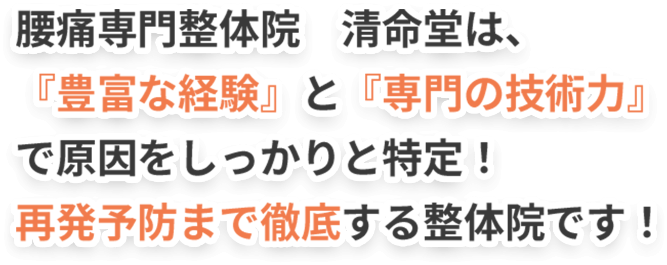 腰痛専門整体院清命堂は、『豊富な経験』と『専門の技術力』で原因をしっかりと特定！ 再発予防まで徹底する整体院です！